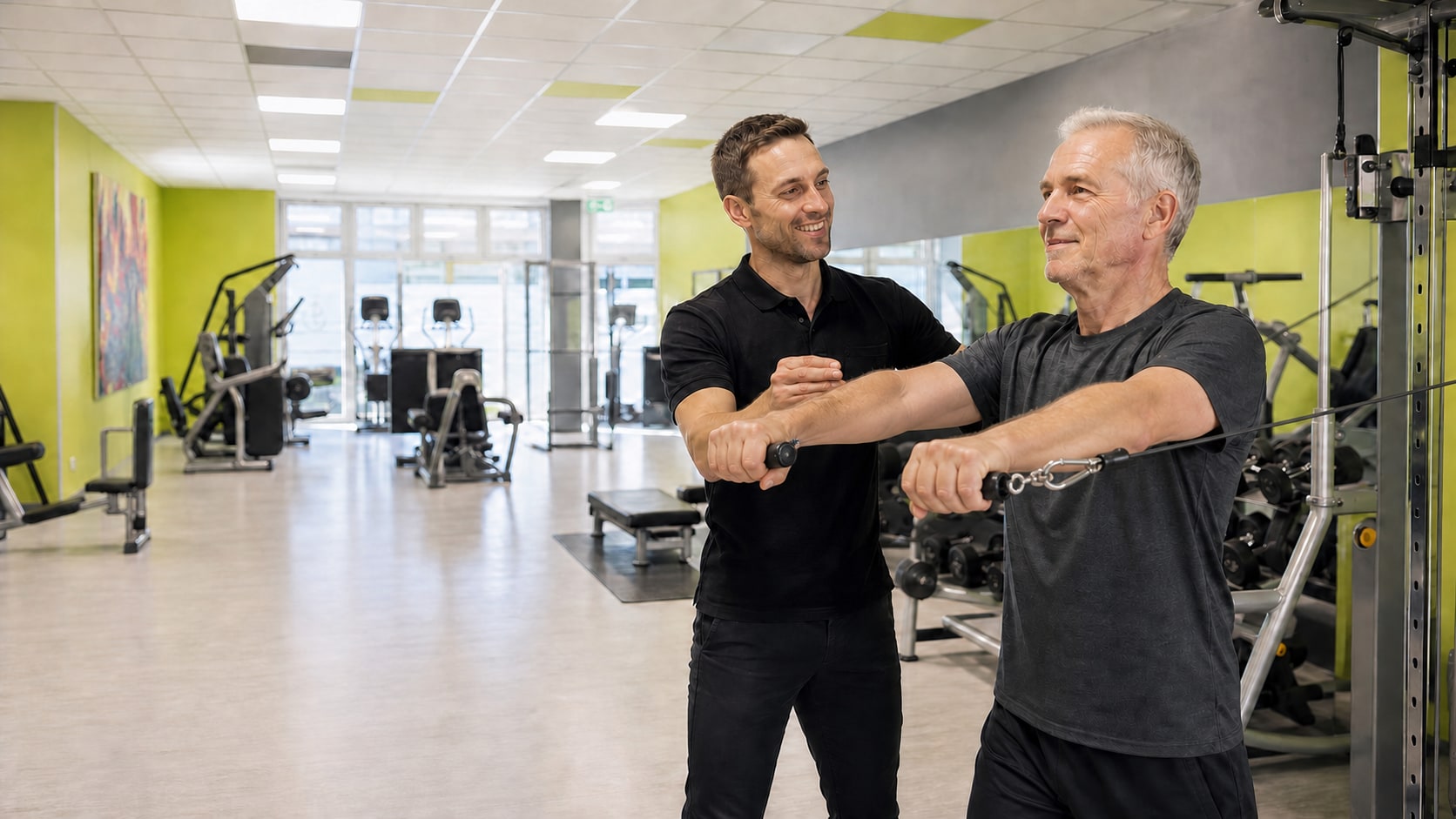 KI-generierte Darstellung eines persönlich begleiteten Gesundheitstrainings im KLIMMZUG Studio in Schleswig